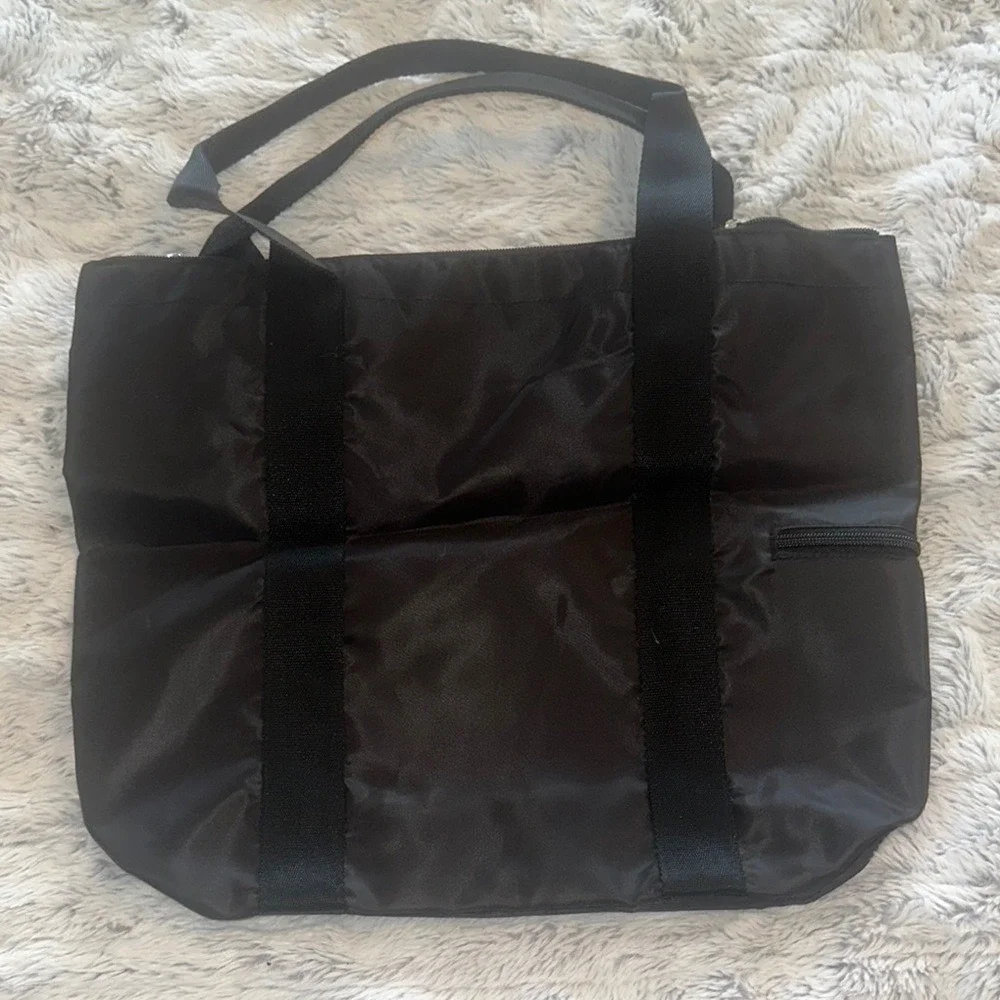 Bath & Body Works Black Nylon Tote Bag Zebra Print Lining Zip Top Shoulder Bag